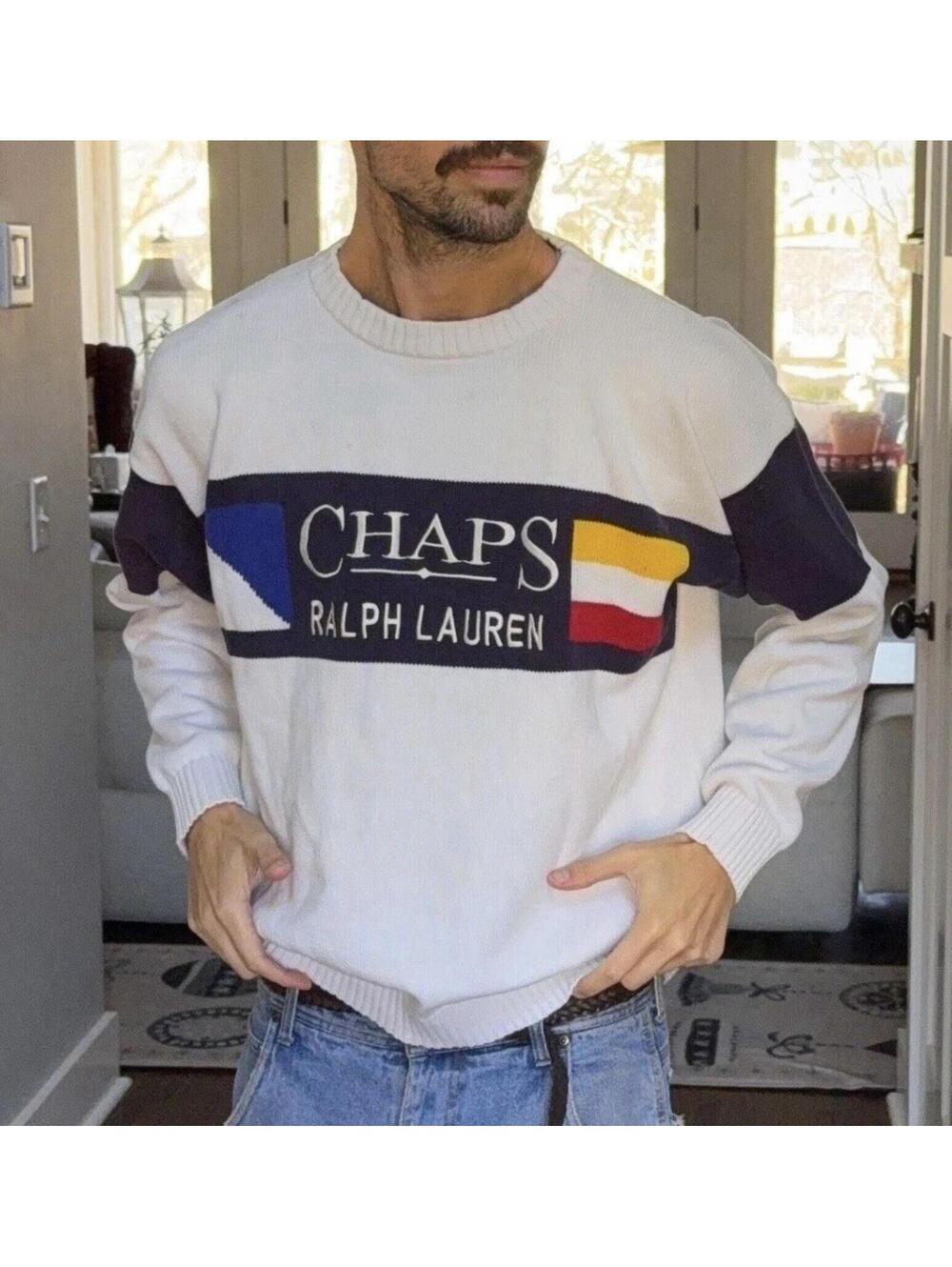 Vintage Chaps Ralph Lauren Sweater Mens M Spellout Logo Knit Flag 90s White